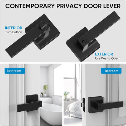 TICONN Black Door Handle Heavy Duty, Matte Black Reversible Square Door Lever for Bedroom, Bathroom and Rooms (Keyed Entry - Keyed Alike, 10 Pack, Black)