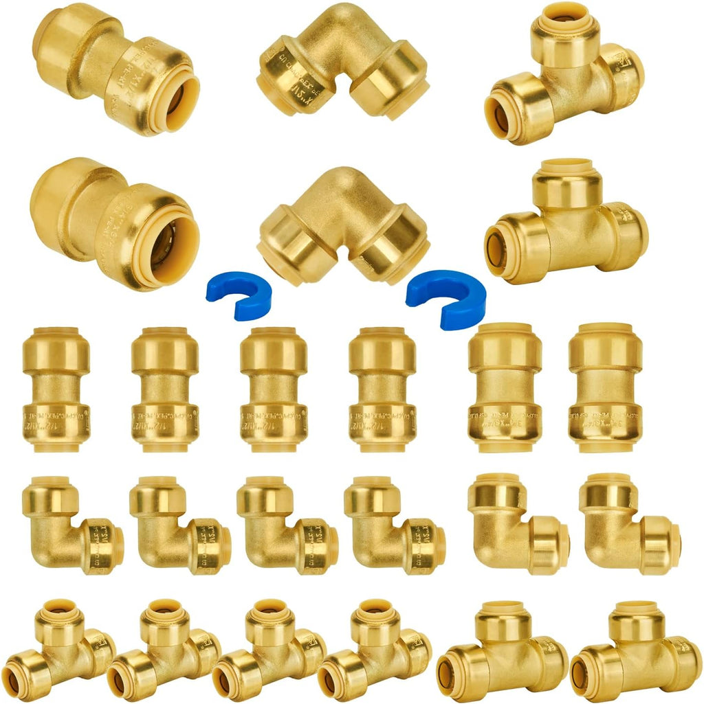 SUNGATOR Pushfit Plumbing Fitting Bundle 5 Each 1/2 Inch Coupling Elbow Tee 3 Each 3/4 Inch Coupling Elbow Tee No Lead