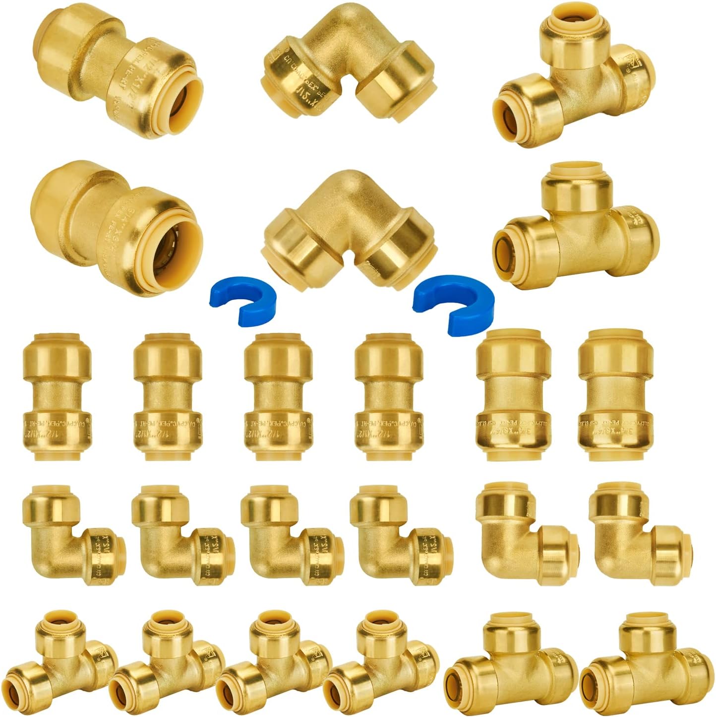 SUNGATOR Pushfit Plumbing Fitting Bundle, 5 Each 1/2 Inch Coupling, Elbow, Tee, 3 Each 3/4 Inch Coupling, Elbow, Tee, No Lead Brass Push to Connect Pex,Copper,CPVC, with 2 Disconnect Clips, Pack of 24