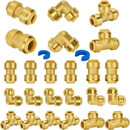 SUNGATOR Pushfit Plumbing Fitting Bundle, 5 Each 1/2 Inch Coupling, Elbow, Tee, 3 Each 3/4 Inch Coupling, Elbow, Tee, No Lead Brass Push to Connect Pex,Copper,CPVC, with 2 Disconnect Clips, Pack of 24