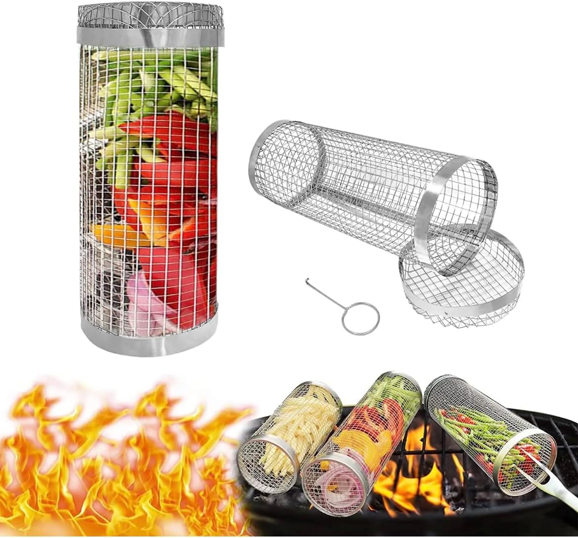 2 Rolling Grill Baskets Large for Camping BBQ or Outdoor Grilling for Vegetables, Fish, Potatoes, Small Food