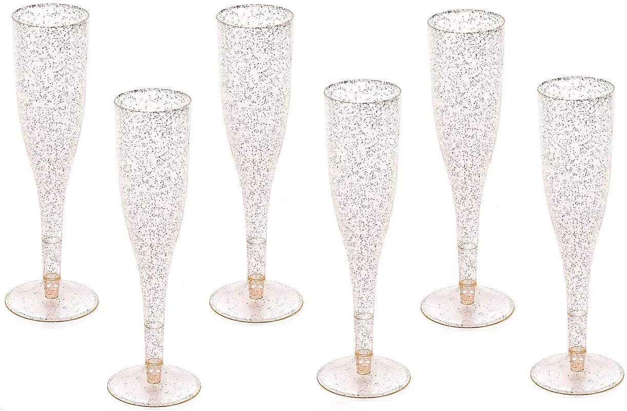 60 Gold Glitter Plastic Classic Champagne Disposable Flutes for Parties Plastic cups Wedding Party Toasting Cocktail Cups Bulk Party Pack