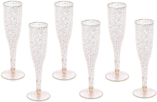 60 Gold Glitter Plastic Classic Champagne Disposable Flutes for Parties Plastic cups Wedding Party Toasting Cocktail Cups Bulk Party Pack