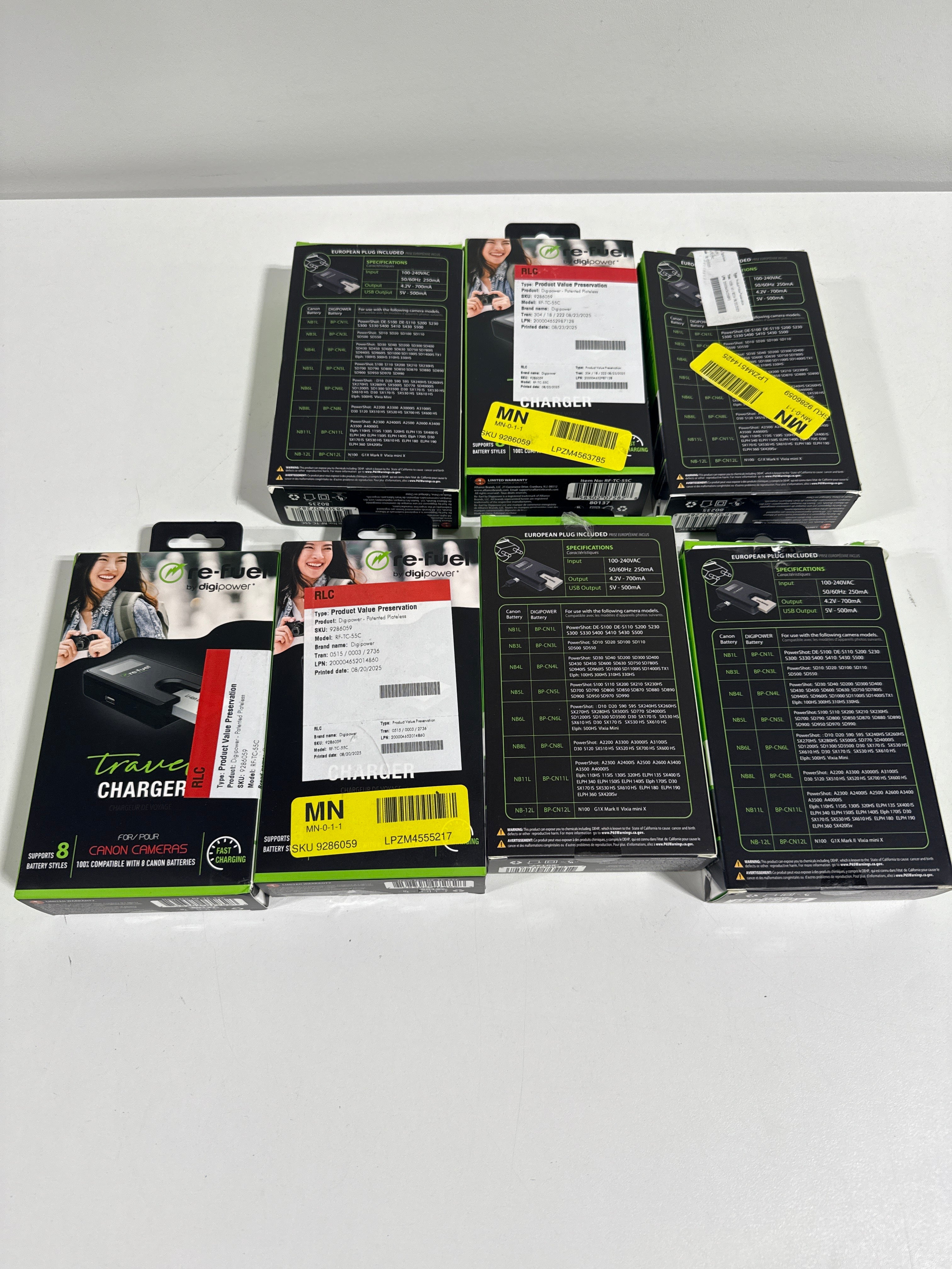 Lot of 7 -Digipower - Patented Plateless Design Digital Camera Travel Charger for Canon Batteries - *Cameras Camcorders