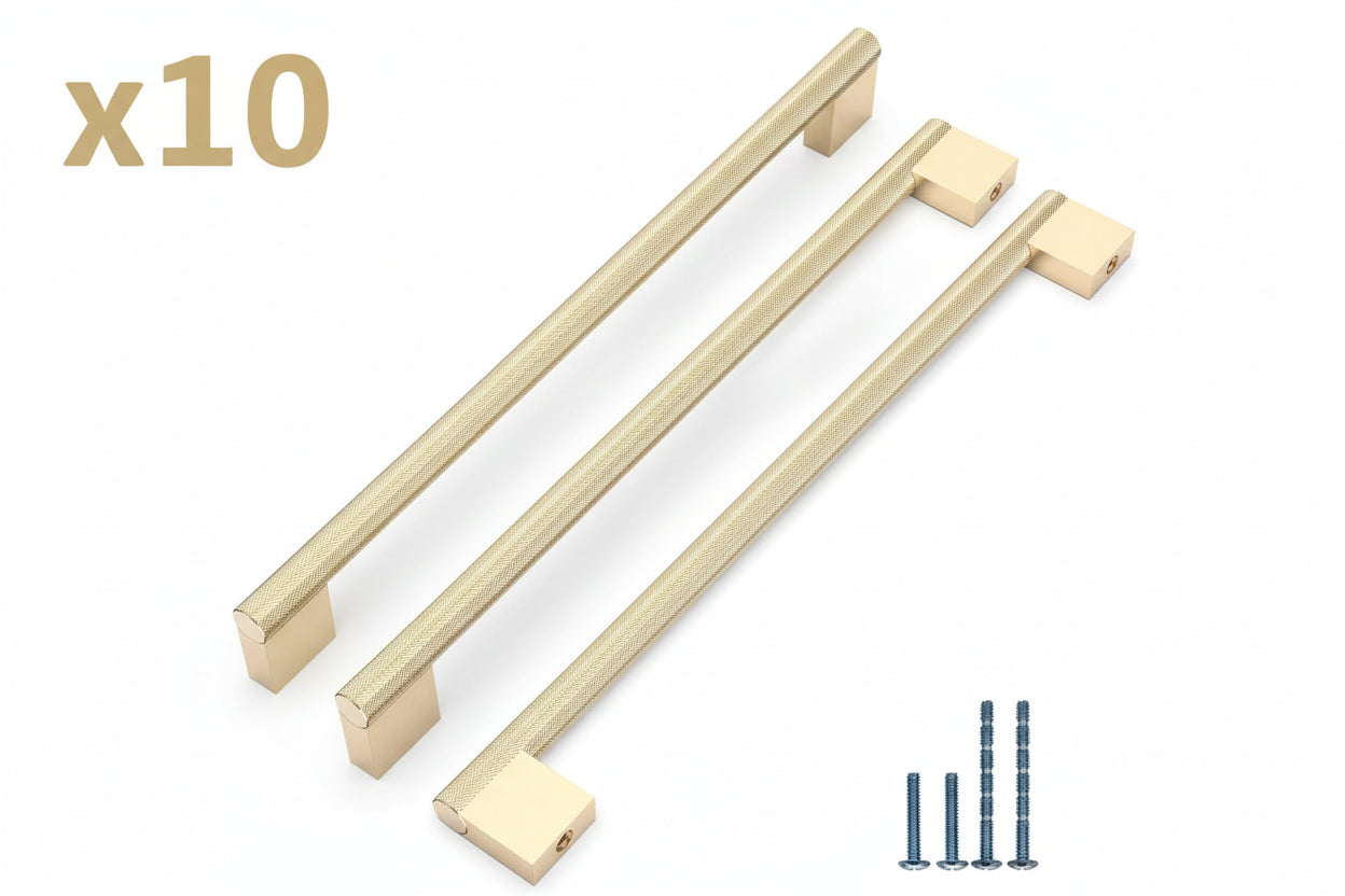 ROMATEE 10 Pack 10 Inch Hole Center(254mm) Gold Knurled Cabinet Pull Kitchen Cabinet