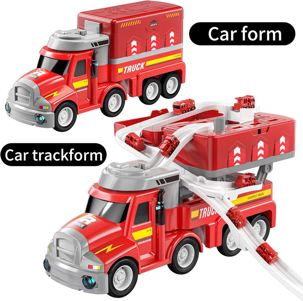 TEMI Fire Truck Kids Toys for 3-8 Year Old Boys Car Carrier with 8 Vehicles Movable Trucks Station Race Tracks Birthday