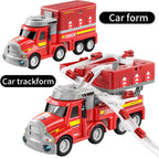 TEMI Fire Truck Kids Toys for 3-8 Year Old Boys Car Carrier with 8 Vehicles Movable Trucks Station Race Tracks Birthday