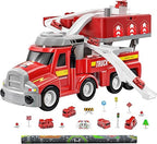 TEMI Fire Truck Kids Toys for 3-8 Year Old Boys Car Carrier with 8 Vehicles Movable Trucks Station Race Tracks Birthday