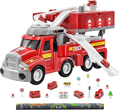 TEMI Fire Truck Kids Toys for 3-8 Year Old Boys, Car Carrier with 8 Vehicles, Movable Trucks Station Race Tracks, Birthday Gifts