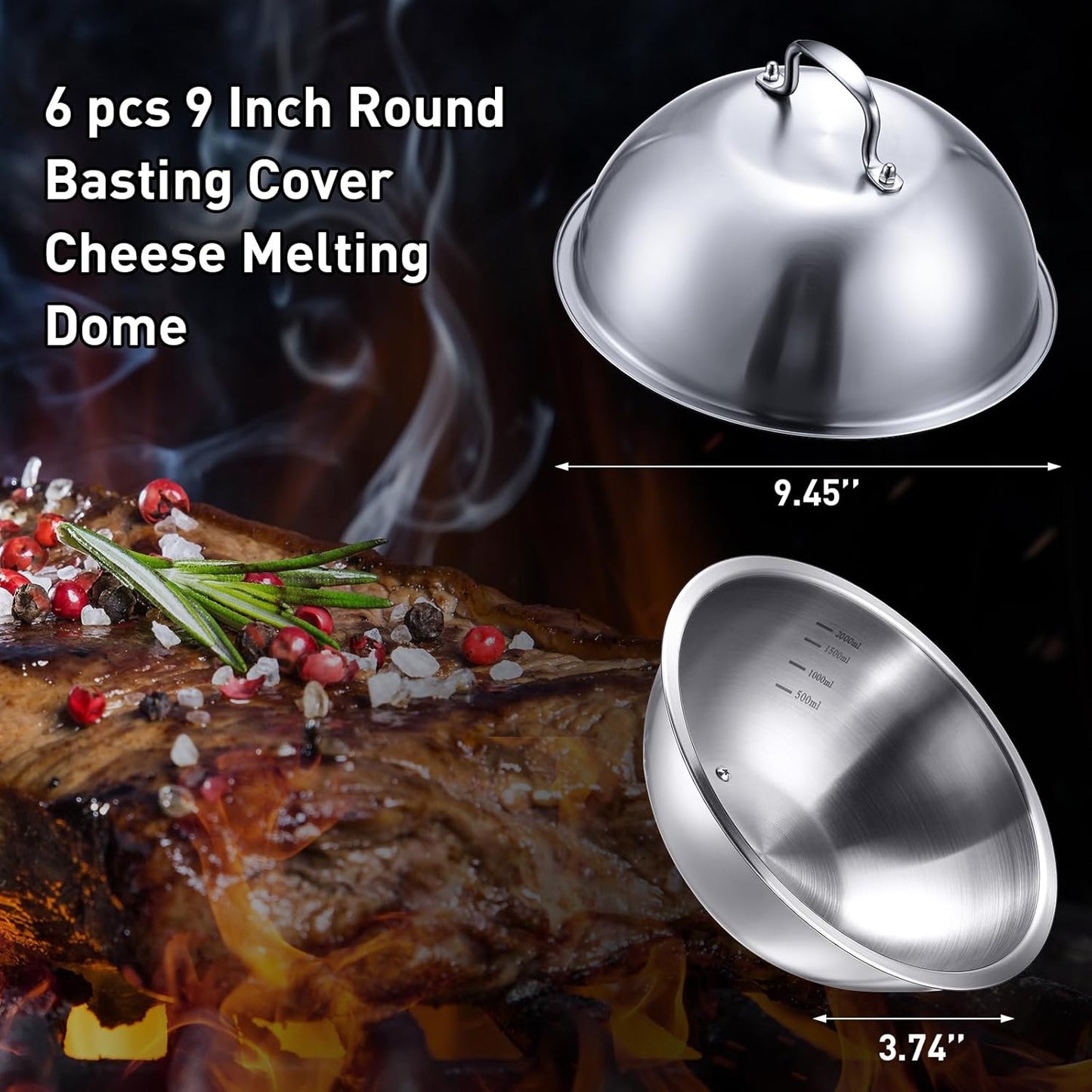 Uiifan 6 Pcs Cheese Melting Dome Round Basting Cover Stainless Steel Melting Grilling Dome Heavy Duty Metal Griddle Accessories for Griddle Flat Top Grill Cooking Outdoor Indoor(9'' in Dia)