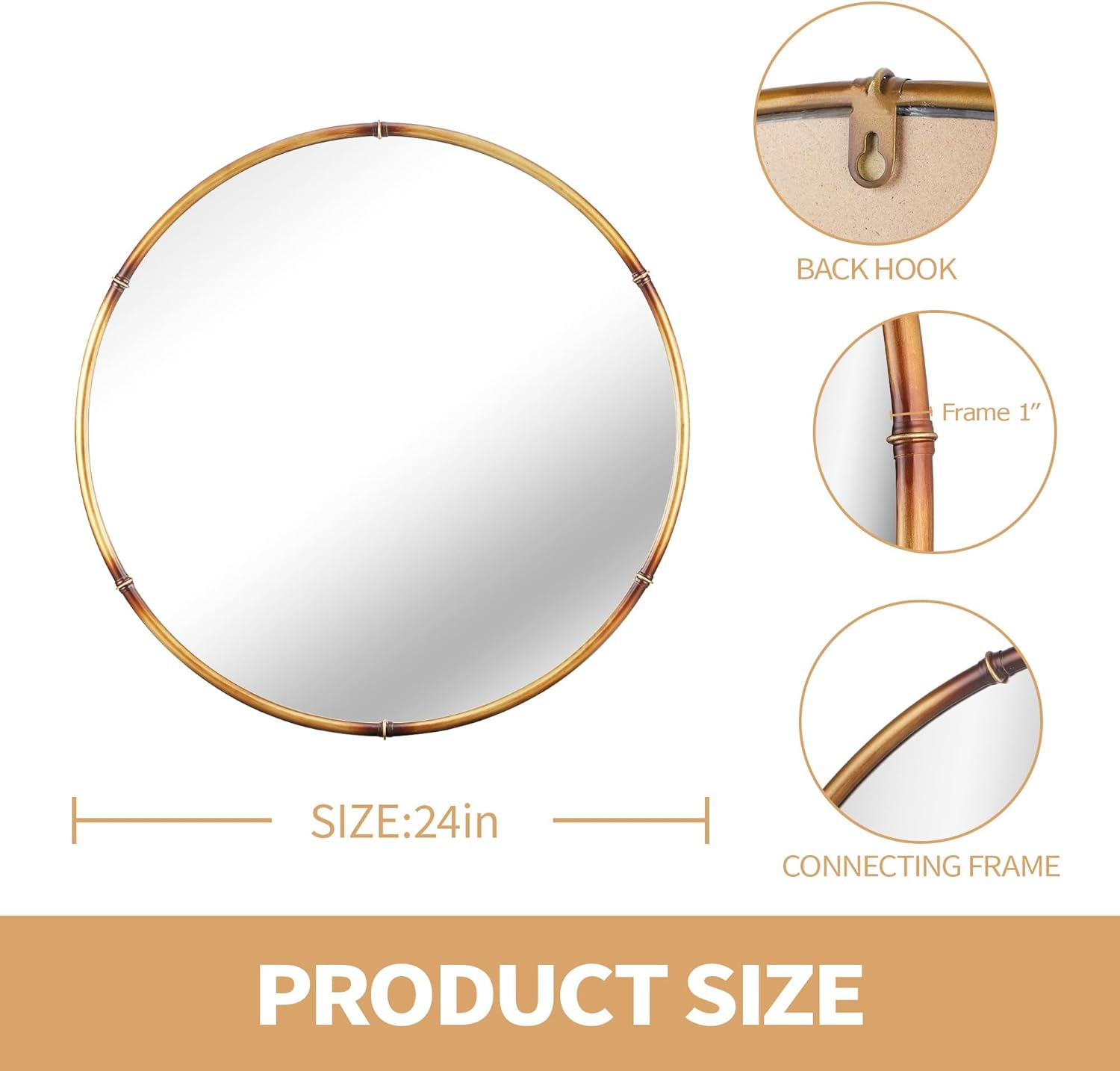 Round Bathroom Mirror-RD24 Inch Antique Gold Color Vintage Metal Framed Accent Mirror Modern Rustic Distressed Wall