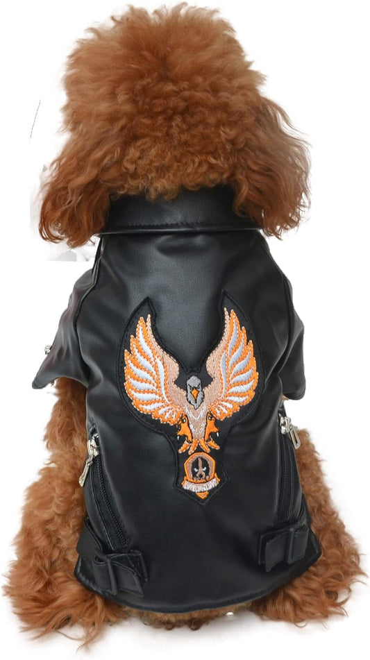 Lovelonglong Cool Dog Leather Jacket, Warm Coats Dogs Windproof Cold Weather Coats for Large Medium Small Dogs with Eagle Embroidery Black S