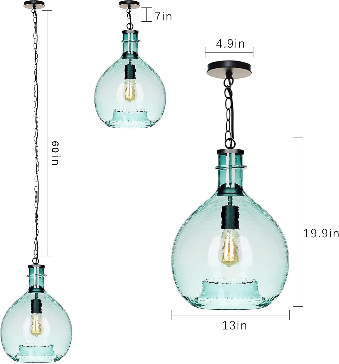 CASAMOTION Pendant Lighting Rustic Green Glass Foyer Hanging Light Fixtures Kitchen Island Drop Ceiling Chandelier Modern Farmhouse Entryway Hallway Globe 13 Inch Diam