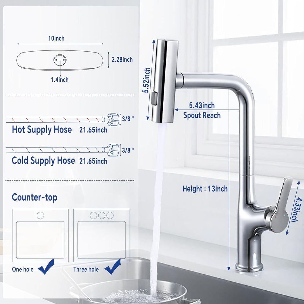 Waterfall Kitchen Faucet with Pull Down Sprayer Kitchen Sink Faucet with Sprayer - 3 Modes Chrome Modern Kitchen
