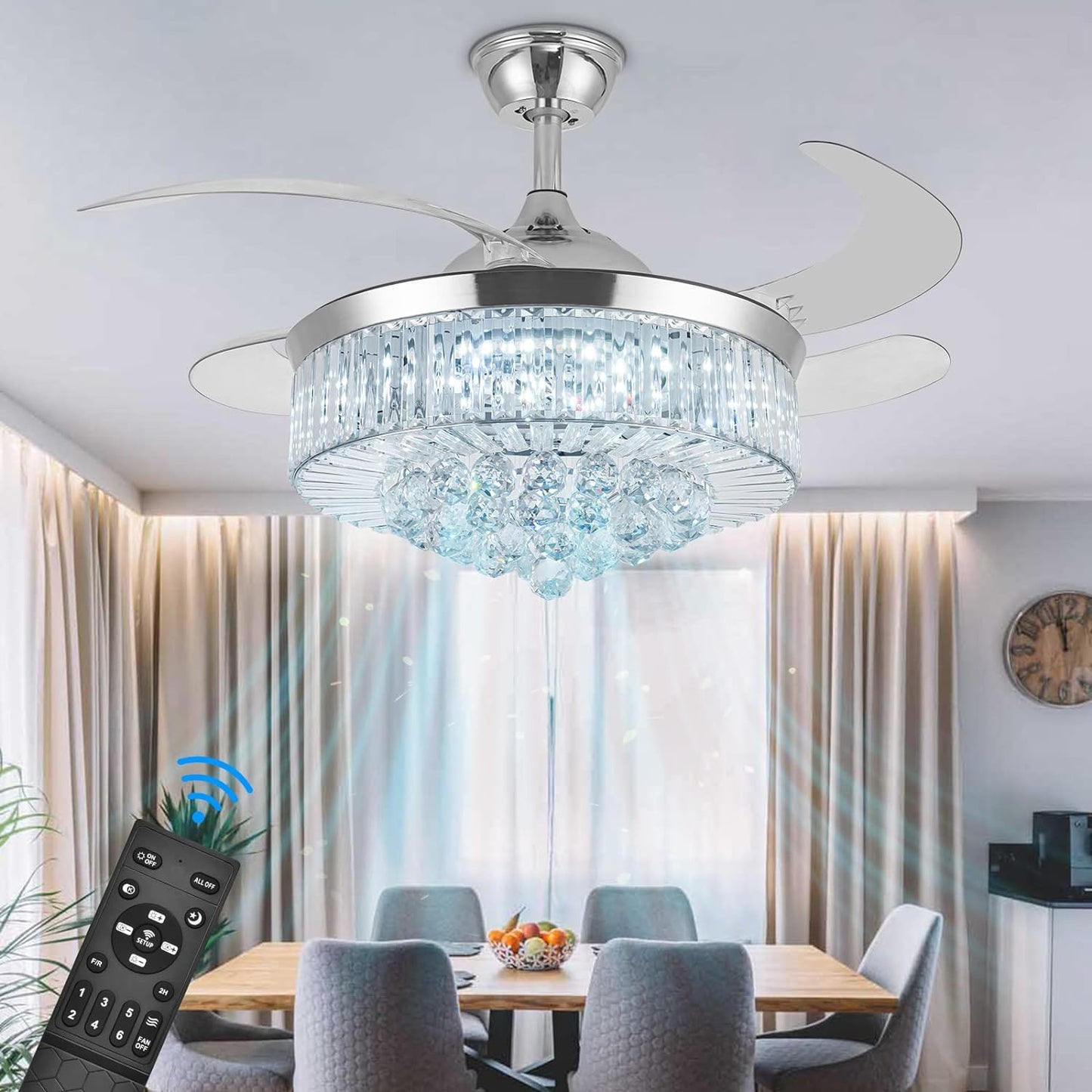 42 Inch Crystal Ceiling Fans with Lights, Modern Dimmable Fandelier LED Remote Control Retractable Invisible Blades Indoor Reversible Ceiling Light Kits with Fans for Decorate Living Room Bedroom