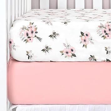 TILLYOU Fitted Crib Sheets - 100% Cotton Fitted Sheets for Standard Crib Mattress, Toddler Bed Mattress Fitted Sheets 2 Pack, Machine Washable, 28”x52”, Pink&Floral Flowers