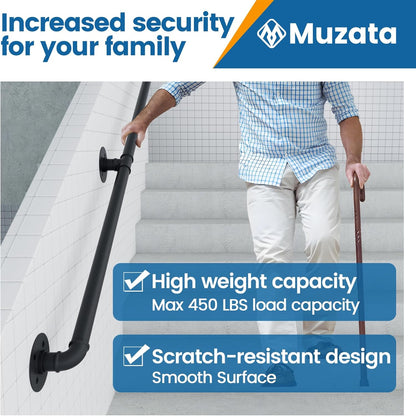 Muzata 11.4ft Staircase Handrail Black Pipe Handrail Bar Foot Rail Kit for Indoor Stairs 440LBS Load Capacity Wall Mount Support Galvanized Steel Industrial Style, HW24 BBG