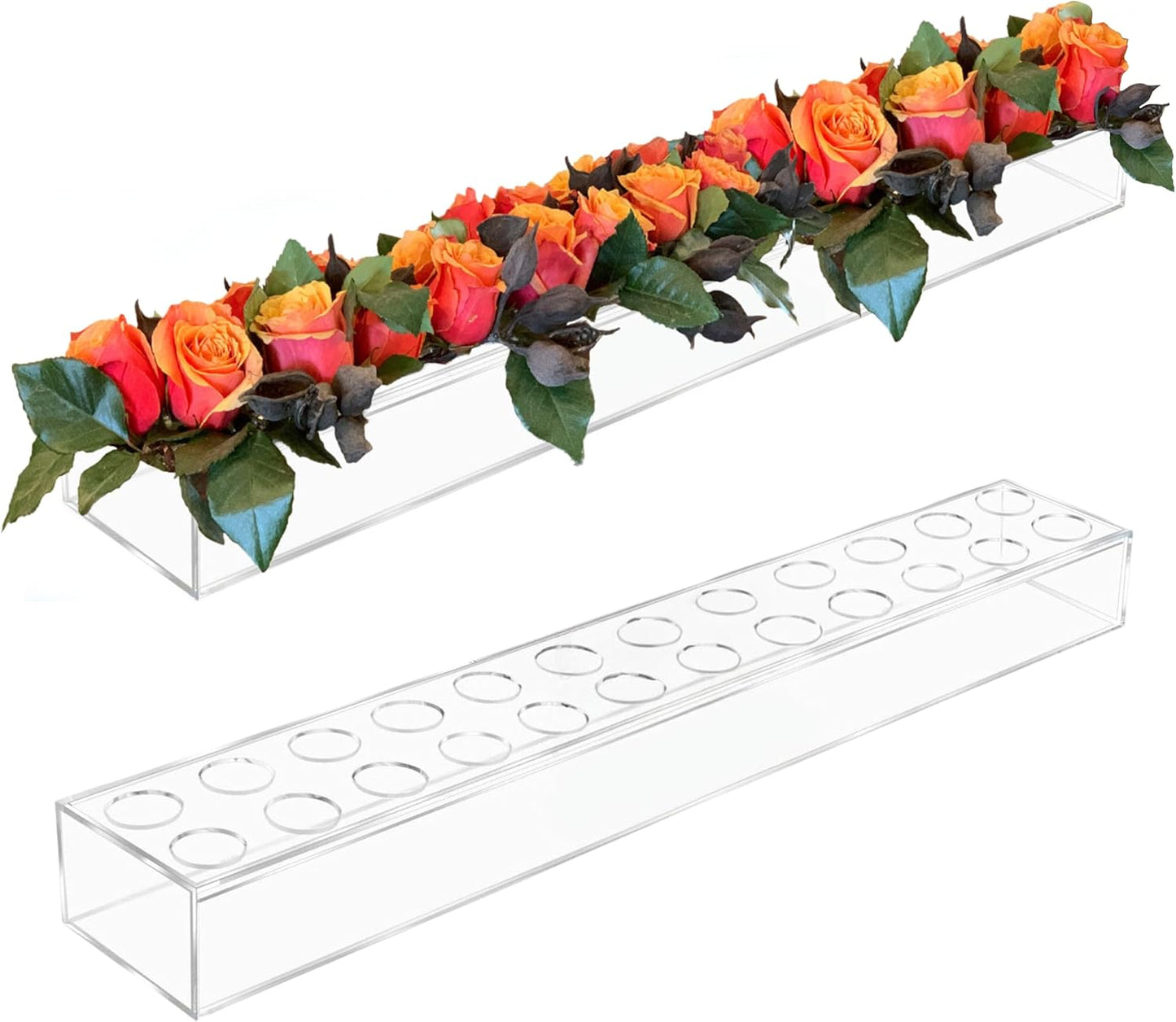 Acrylic Flower Vase Rectangular - Clear Floral Dining Table Centerpiece, 24 Inches Long Rectangle Acrylic Vase | Low Floral Modern Arrangement Vases for Home, Weddings Dining Table Decor (24Holes)