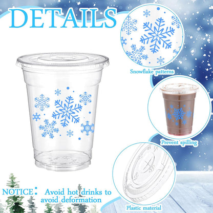 150 Sets Snowflake Plastic Cups with Lids Disposable Christmas Holiday Cup Clear Coffee Cocktail Drinking Cup for Winter Christmas Party Supplies