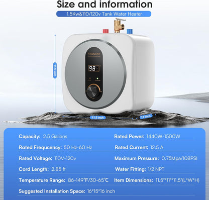 Under Sink Instant Water Heater 2.5 Gallons Mini Tank Hot Water Heater Digital Display 110V 120V 1500W RV Small Electric Water Heater with Pressure Release Vavle Under Counter,Cabinet,Shelf