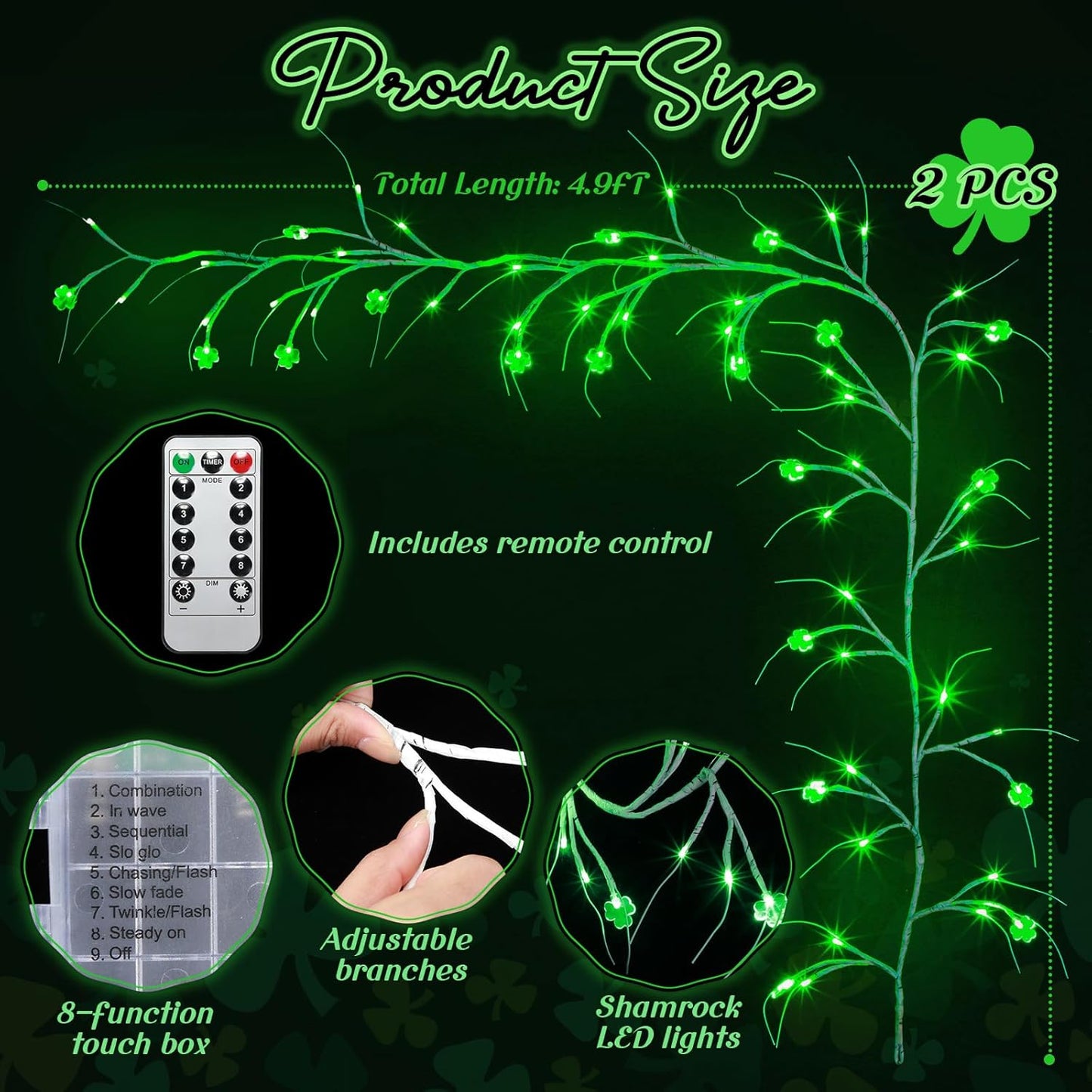 2 Set 4.9FT St Patricks Day Garland Lights Willow Vine Lights 45LED Shamrocks Wall Tree Light St Patricks Day Home Decor Battery Operated with Remote Control for Bedroom Party Mantel Decor