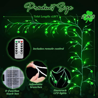 2 Set 4.9FT St Patricks Day Garland Lights Willow Vine Lights 45LED Shamrocks Wall Tree Light St Patricks Day Home Decor Battery Operated with Remote Control for Bedroom Party Mantel Decor