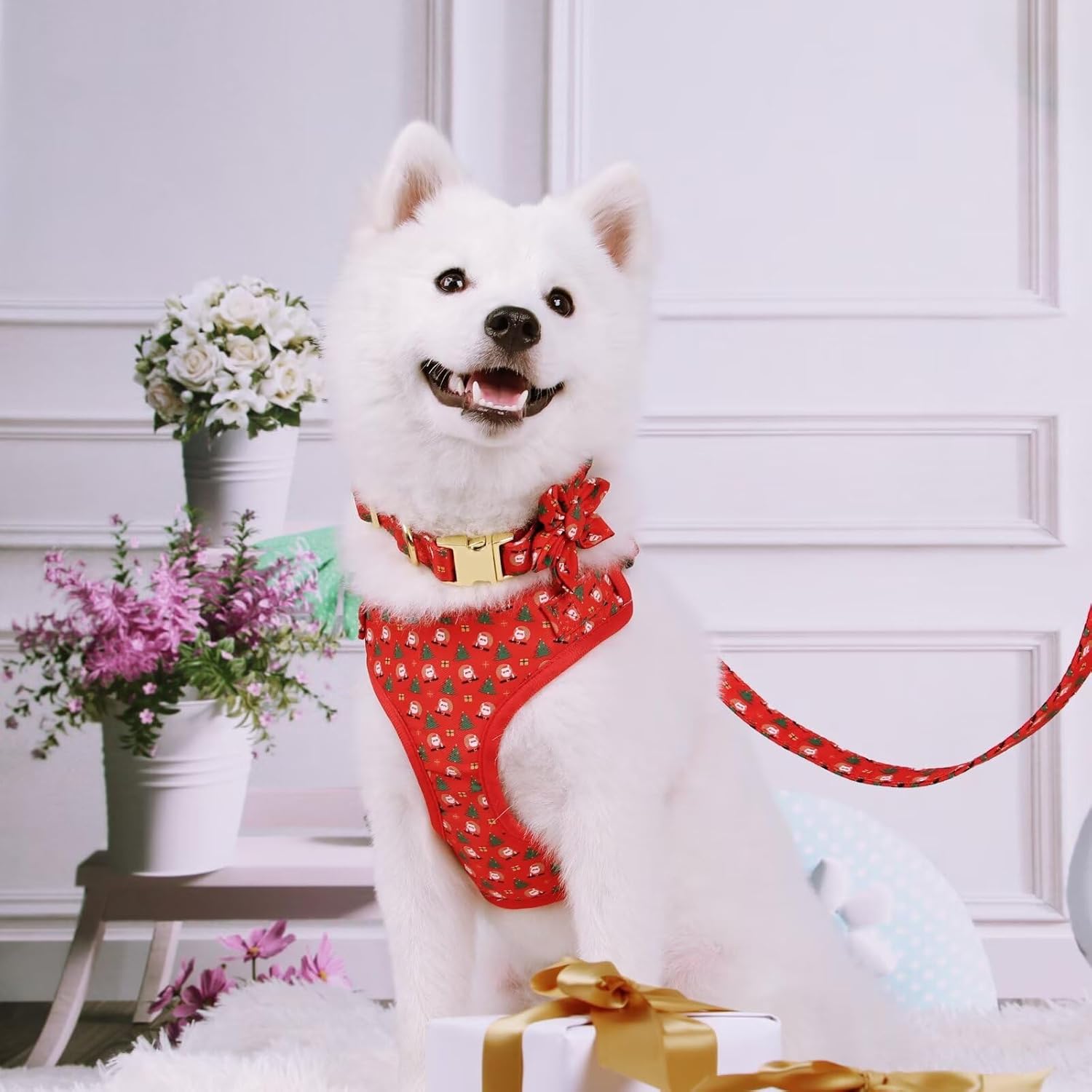 Beirui Christmas Dog Collars Harnesses & Leashes Set - Cute Dog Collar and Leash Set with Flower - Soft Mesh Dog Vest
