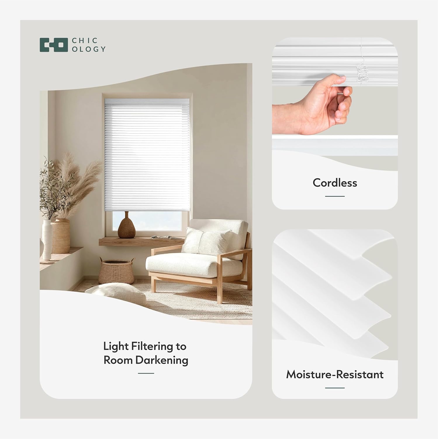 CHICOLOGY Cordless Mini Blinds for Indoor Windows, 42" W x 60" H, White Vinyl 1" Slats with Tilt Wand, Light Filtering to Room Darkening