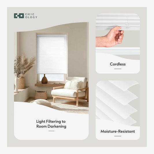 CHICOLOGY Cordless Mini Blinds for Indoor Windows, 42" W x 60" H, White Vinyl 1" Slats with Tilt Wand, Light Filtering to Room Darkening