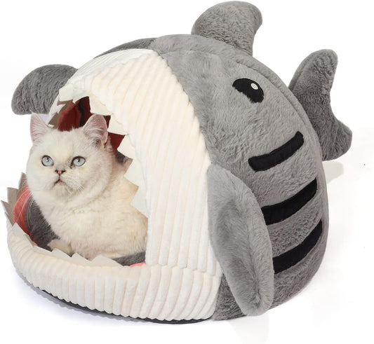 Jiupety Cute Soft Cat Bed, Indoor Shark-Shaped Warm Cat Cave with Removable Washable Pillow for Cat, Gray, M.