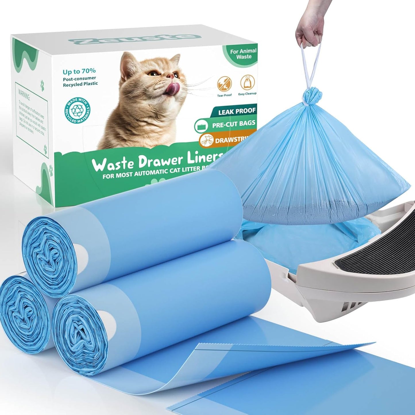 Cat Litter Box Liners for Self Cleaning LitterBox, Zeuste 60 Pack Pre-separated Drawstring Waste Bags, 9-11 Gallon Replacement Cat Wast Bags