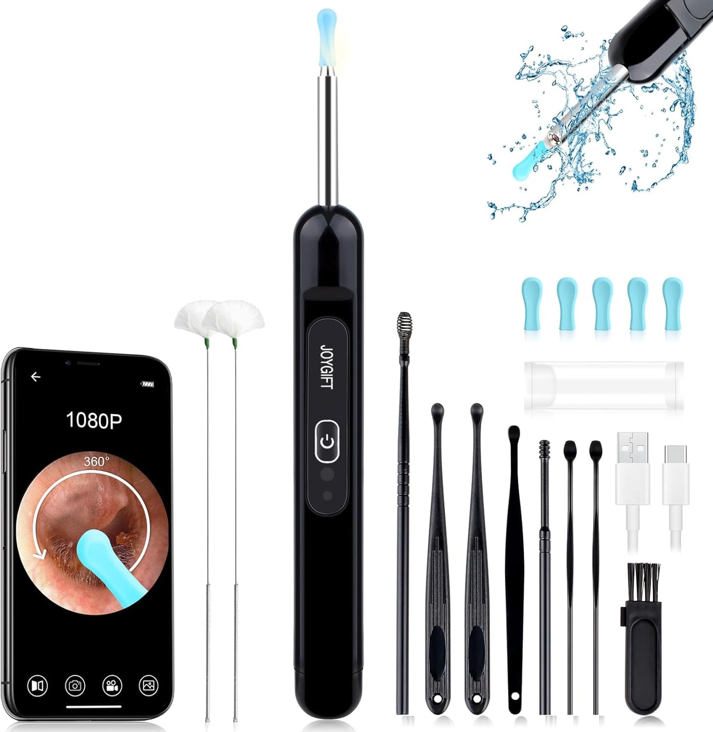 Ear Wax Removal, Ear Cleaner with 1080P HD Camera, with 6 LED Lights/IP67 Waterproof Lens/8 Traditional Tools Ear Wax Removal Kit, Rechargeable Ear Cleaning kit for iOS, Android, Tablet (Black26)