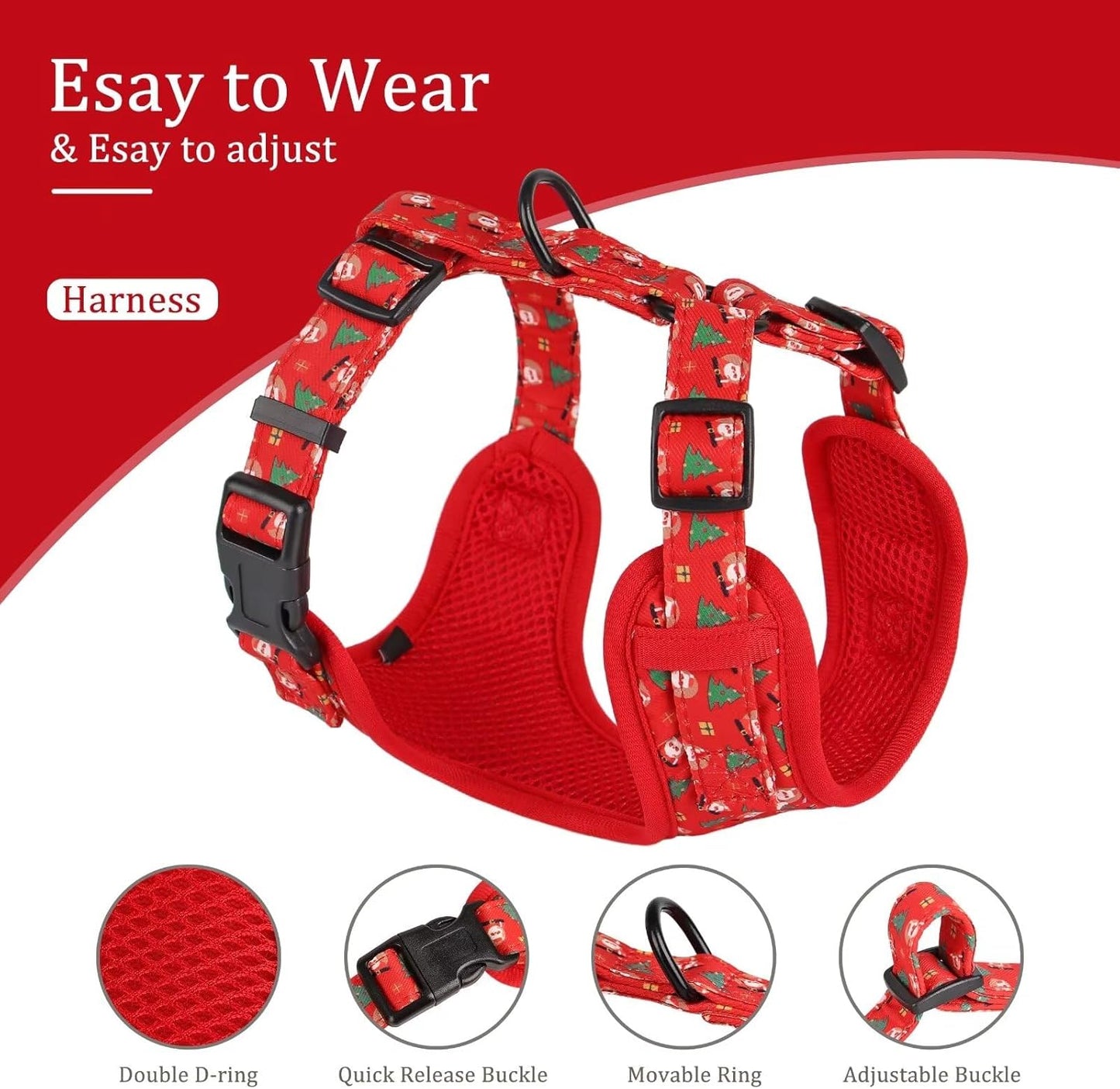 Beirui Christmas Dog Collars, Harnesses & Leashes Set - Cute Dog Collar and Leash Set with Flower - Soft Mesh Dog Vest Harness