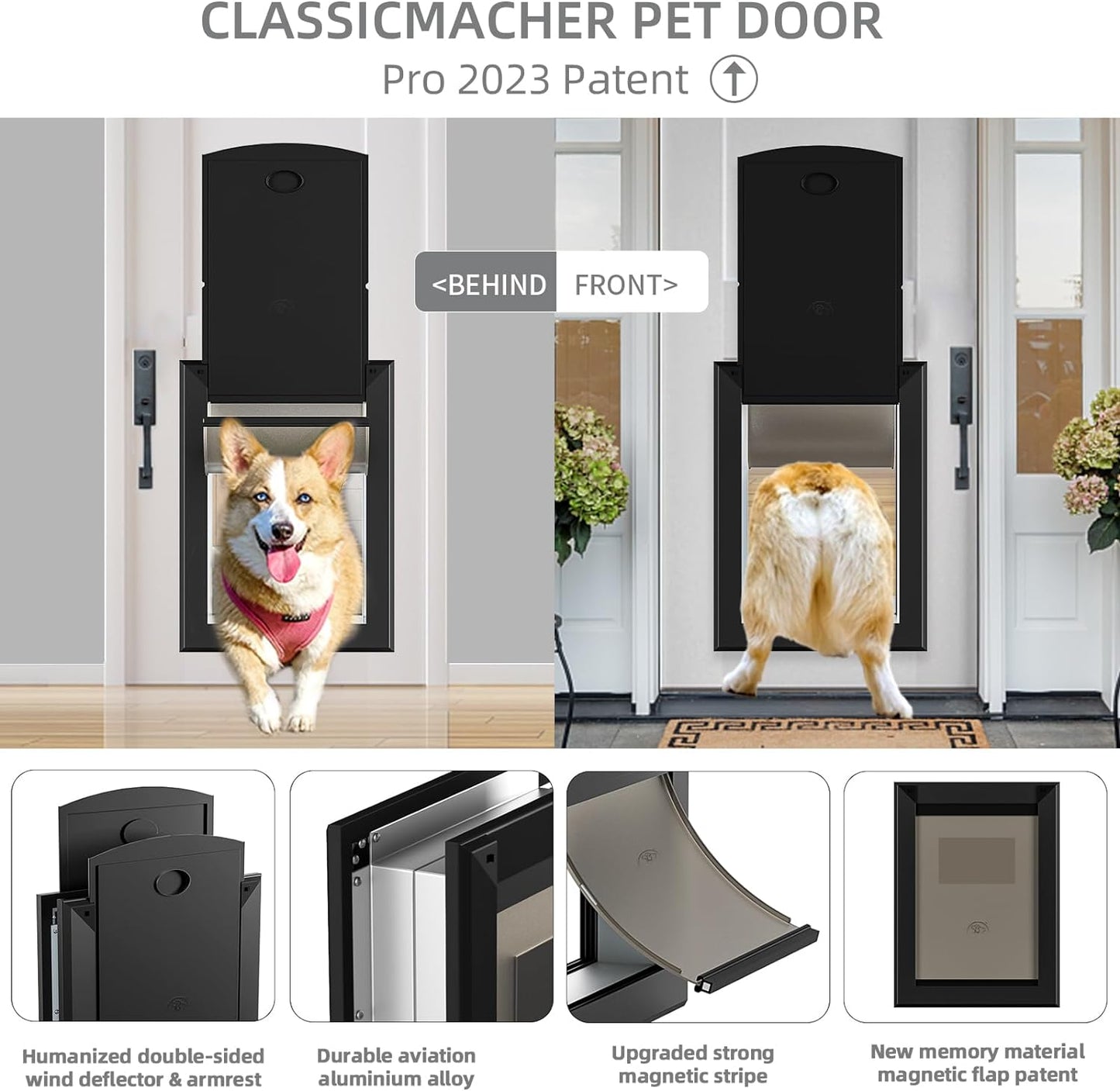 Classicmacher Large Dog Door for Door, Heavy Duty Dog Door with Aluminum Frame and Telescoping Tunnel, Single Magnetic Flaps and Two Sliding Lock Panels,Up to 110lbs(Dull Black,Large)