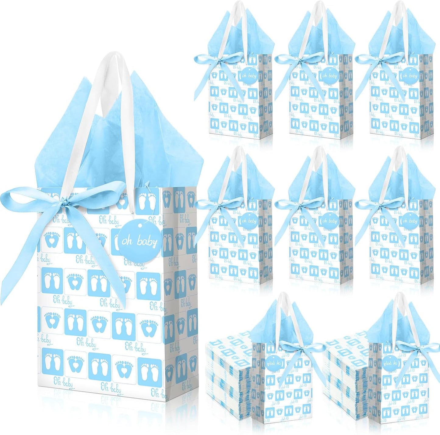 Jetec 50 Pcs Baby Shower Gifts Bag with Tissue Papers Baby Shower Bag with Handle 50 Sheets Decorative Tissue Paper for Guests Gifts Gender Reveal Baby Shower Favors(Blue, Oh, Baby)