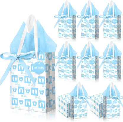 Jetec 50 Pcs Baby Shower Gifts Bag with Tissue Papers Baby Shower Bag with Handle 50 Sheets Decorative Tissue Paper for Guests Gifts Gender Reveal Baby Shower Favors(Blue, Oh, Baby)