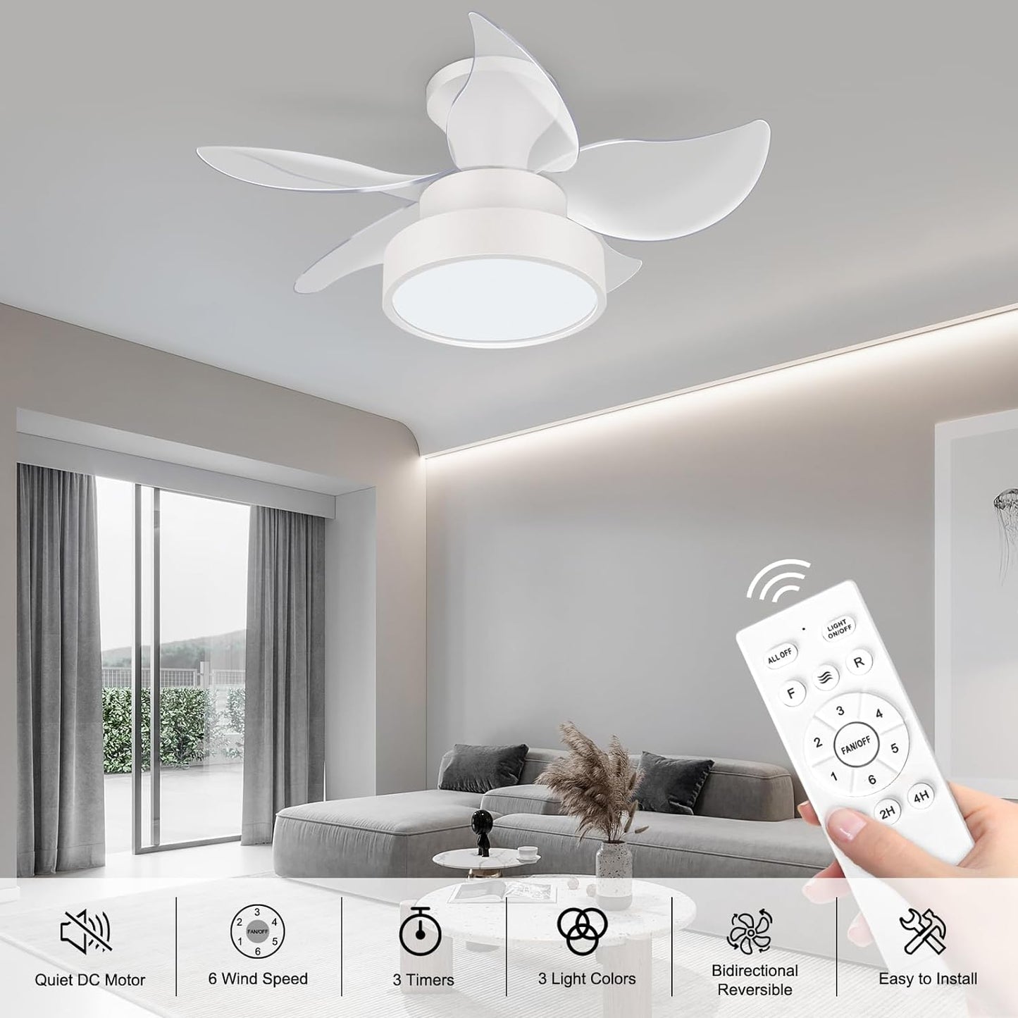 LEDMO Ceiling Fans with Lights and Remote Control, 24 inch White Ceiling Fan, Quiet Reversible Motor, Modern Ceiling Fans for All Seasons