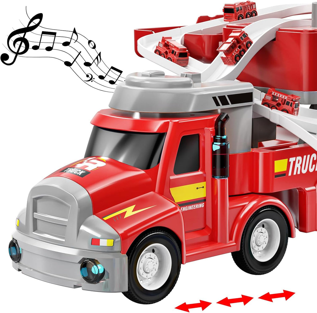 TEMI Fire Truck Kids Toys for 3-8 Year Old Boys Car Carrier with 8 Vehicles Movable Trucks Station Race Tracks Birthday