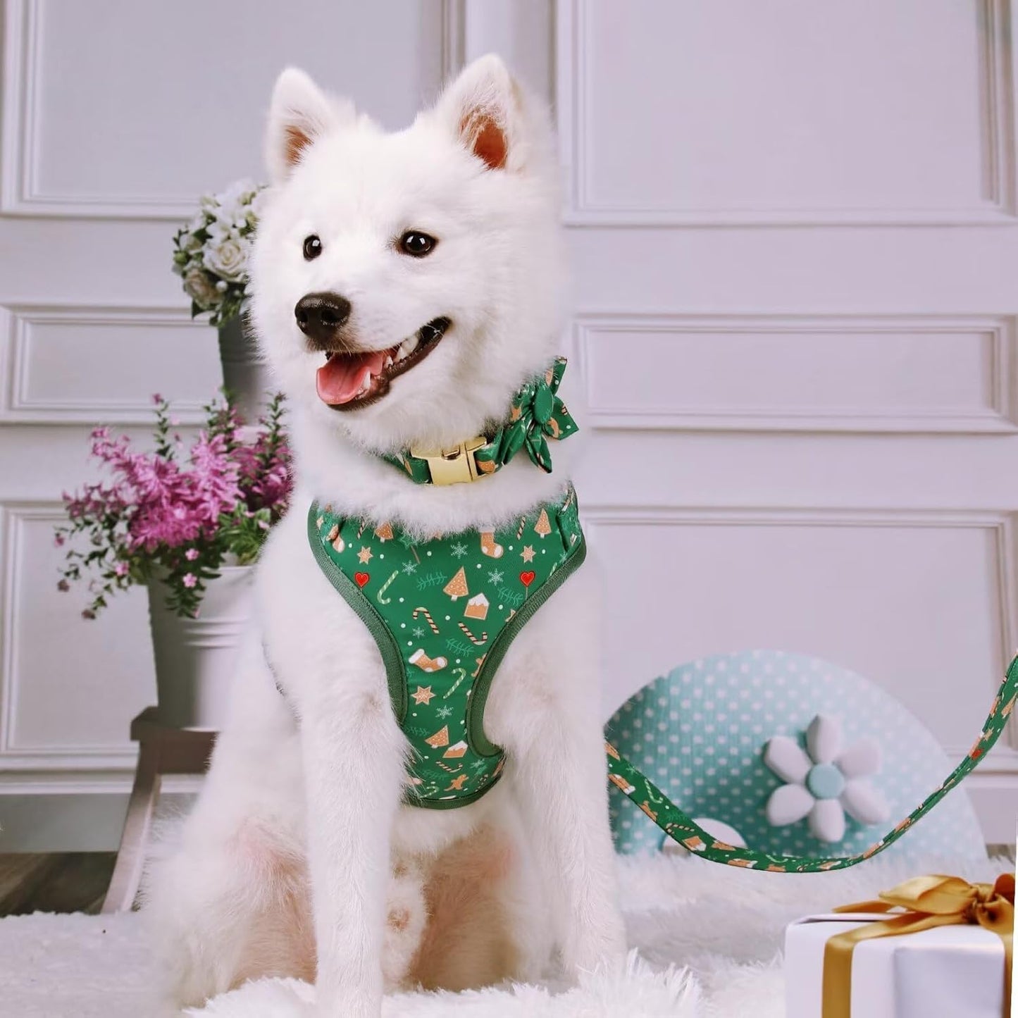 Beirui Christmas Dog Collars, Harnesses & Leashes Set - Cute Dog Collar and Leash Set with Flower - Soft Mesh Dog Vest Harness