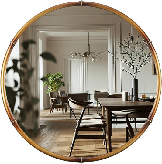 Round Bathroom Mirror-RD24 Inch Antique Gold Color Vintage Metal Framed Accent Mirror, Modern Rustic Distressed Wall Mirror Decorative for Bedroom, Living Room,Entry-Bamboo Style