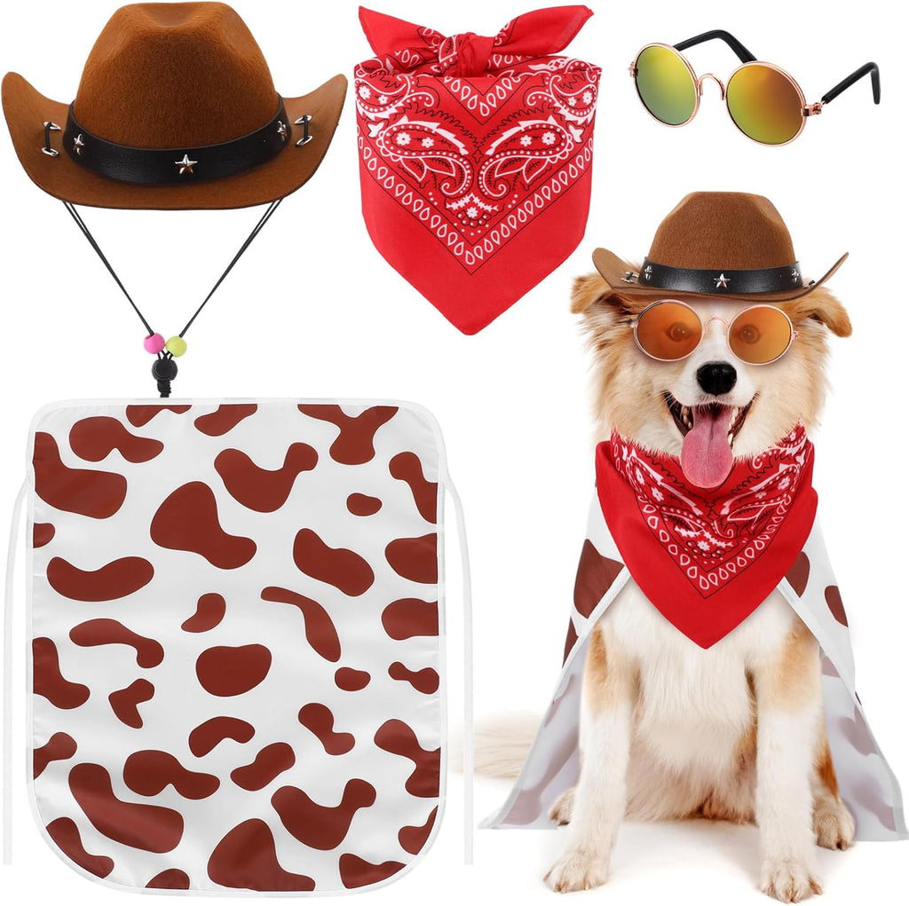 4 Pcs Dog Cowboy Costume Set Includes Pet Cowboy Hat Triangle Bandana Puppy Cape and Hiphop Glasses for Halloween Dog