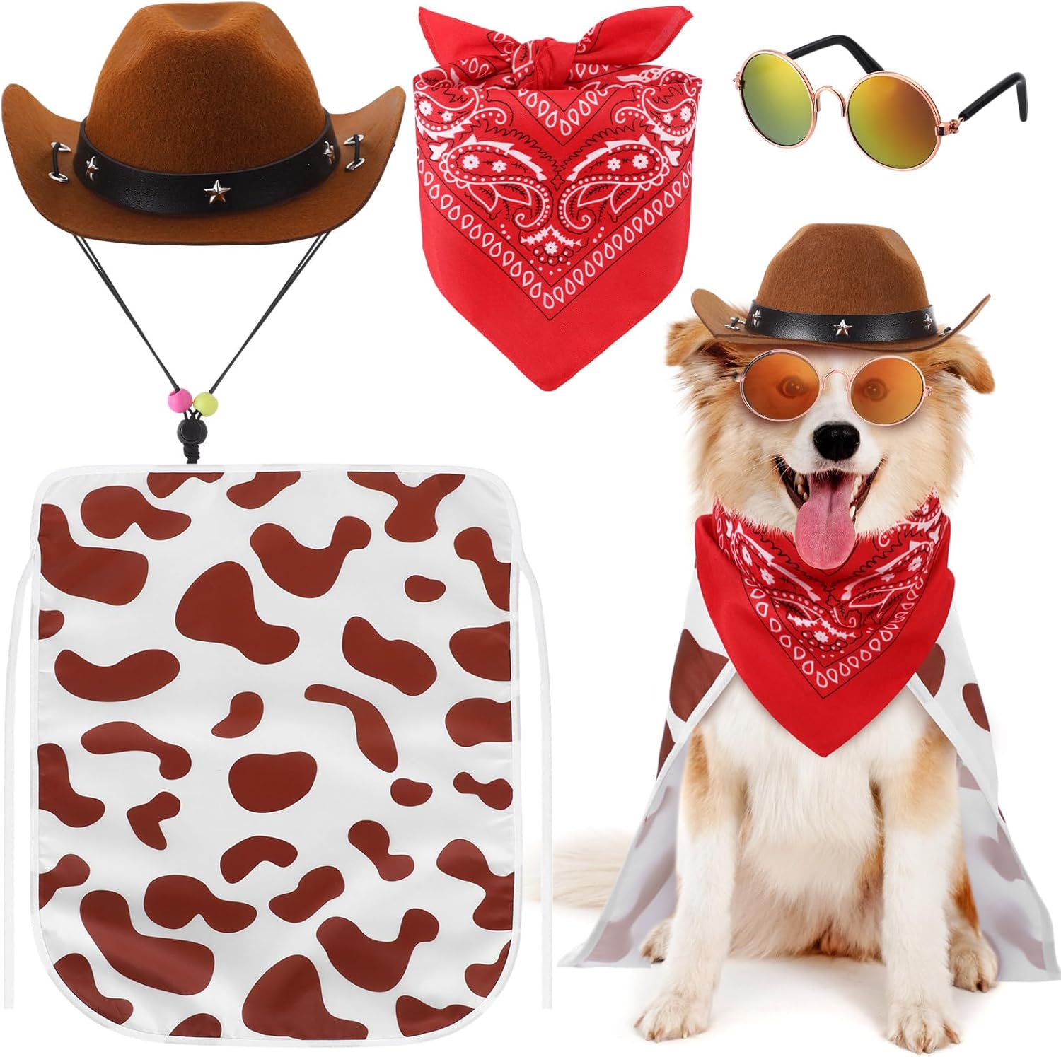 4 Pcs Dog Cowboy Costume Set Includes Pet Cowboy Hat Triangle Bandana Puppy Cape and Hiphop Glasses for Halloween Dog