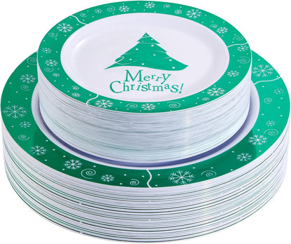 WELLIFE 60pcs Green Christmas Plates, Christmas Plastic Plates for Xmas, Christmas Party Plates with Christmas Tree Design, 30pcs Dinner Plates and 30pcs Dessert Plates for Xmas Party