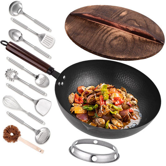 12.8 Carbon Steel Wok - 11Pcs Woks and Stir Fry Pans with Wooden Handle and Lid 8 Cookware Accessories for Electric Induction and Gas Stoves