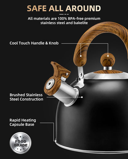 Tea Kettle Stovetop - HIHUOS Whistling Teapot for Stovetop - Stainless Steel Tea Pots for Stove Top, 3-ply Composite Base, Fast Boiling Teakettle Work for All Heat Sources (Black 2.6QT)