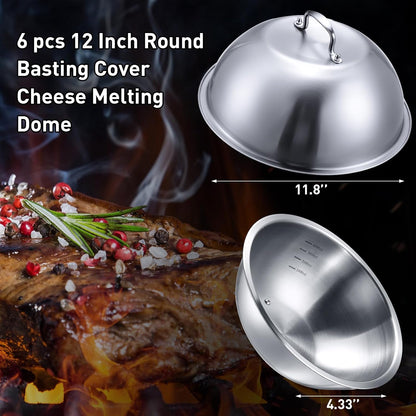 Uiifan 6 Pcs Cheese Melting Dome Round Basting Cover Stainless Steel Melting Grilling Dome Heavy Duty Metal Griddle Accessories for Griddle Flat Top Grill Cooking Outdoor Indoor (12'' in Dia)