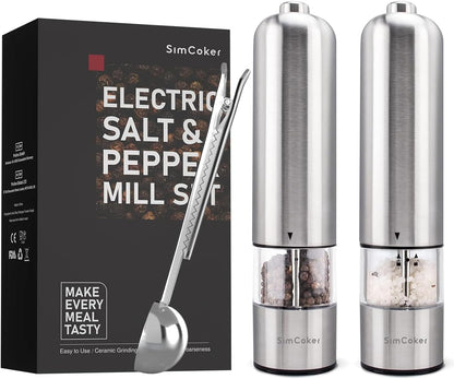 Electric Salt and Pepper Grinder Set, Shakers Mill Automatic Grinders Battery Operated with Spoon for Kitchen Gift Professional Refillable Adjustable Coarseness LED 2 Pack