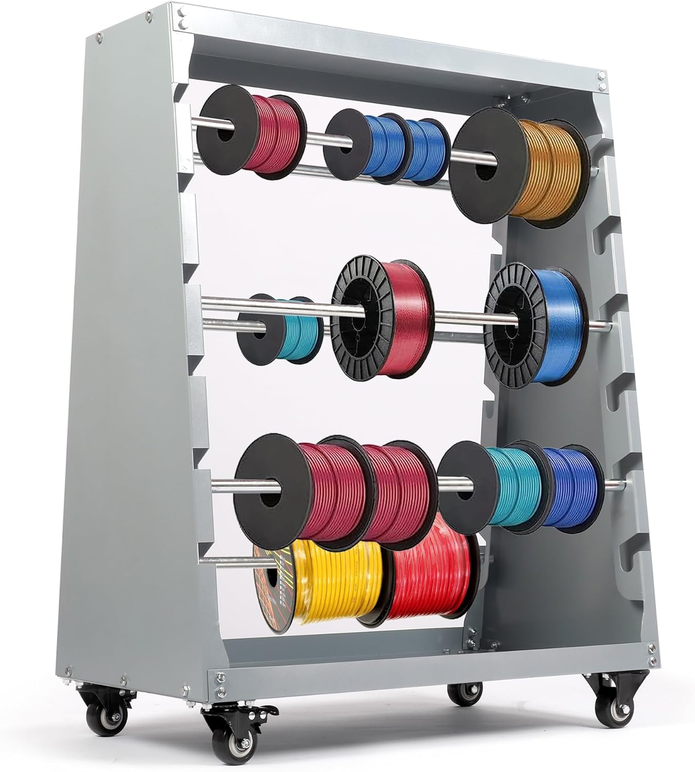Missing Wheels - Wire Spool Rack,Electrical Wire Assortment with Wheel,Automotive Wiring Storage,Heavy Duty 6 Rods Wire/Cable Dispenser for Electrical Industrial & Retail Use,300lbs Capacity,Gray