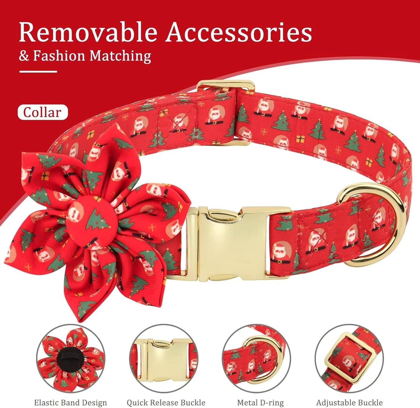 Beirui Christmas Dog Collars, Harnesses & Leashes Set - Cute Dog Collar and Leash Set with Flower - Soft Mesh Dog Vest Harness
