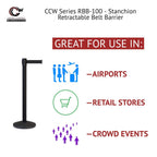 Crowd Control Warehouse CCW Series RBB-100 - Set of 2 Stanchion Retractable Belt Barriers - 11 Foot Caution